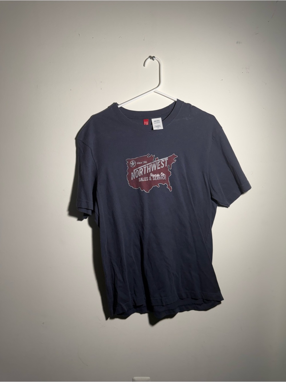 Guess Men's Navy Short Sleeve Graphic Tee with Red Print
